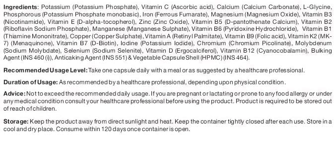 Nutritional supplement label with ingredients and usage instructions.