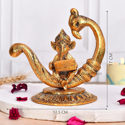 Ganesha Reading Book Sitting on Peacock Statue Ganesh Murti Religious Showpiece Ganesh Idol Sculpture for Home Decor Table Office Temple Diwali Pooja Ganesh Ji for Home Decoration