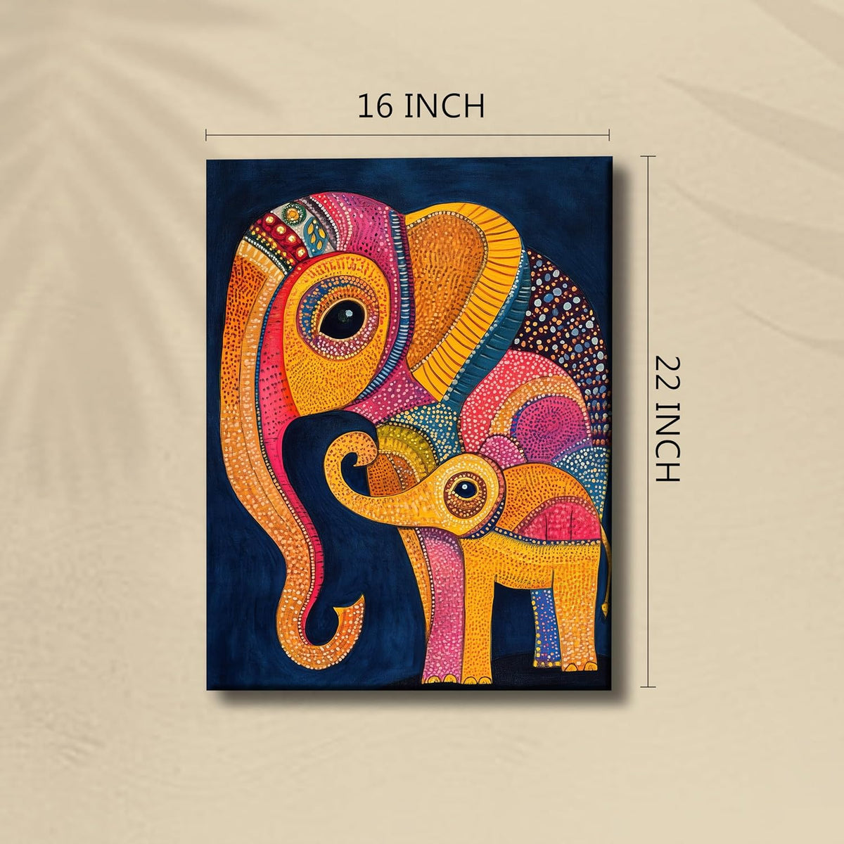 Gond Art of Elephants Wall Paintings for living room, Elephaint Pair Wall Art Paintings for bedroom, office, stretched canvas, 16x22 Inch