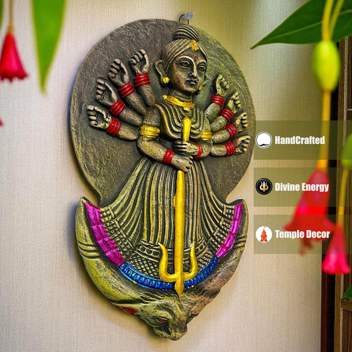 Maa Durga Terracotta Wall Hanging Idol Murti | Mahisasur Mardini Sherawali Devi MATA Wall Art Decor for Home, Temple, Mandir & Office Decor | Spiritual Gifts (27x18 CM)