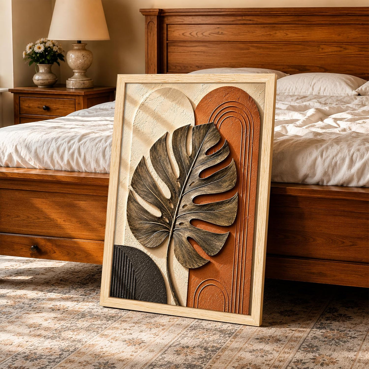 Modern Abstract 3D Textured Embossed Leaf Painting for Living Room, Terracotta & Gold Monstera Leaf Motifs Rectangular Shape Framed Wall Painting for Home Decor (Size: 13x17 Inch)
