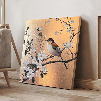 Stretched Canvas Glitter Gold Foil 3D Sparrow Birds of Cherry Blossom Flower Wall Art Bird Print with Hand-Painted Strokes Painting T1exture 3D Stretched Canvas Giclée Print, 61x61 cm