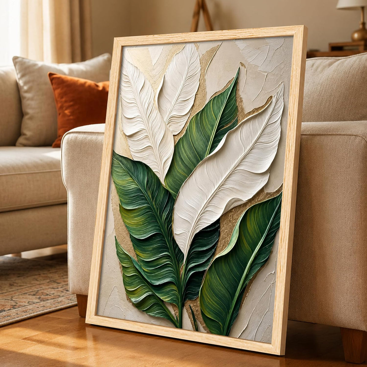 Modern Abstract 3D Textured Embossed Leaf Painting for Living Room, Green & White Tropical Leaf Motifs Rectangular Shape Framed Wall Painting for Home Decor (Size: 13x17 Inch)