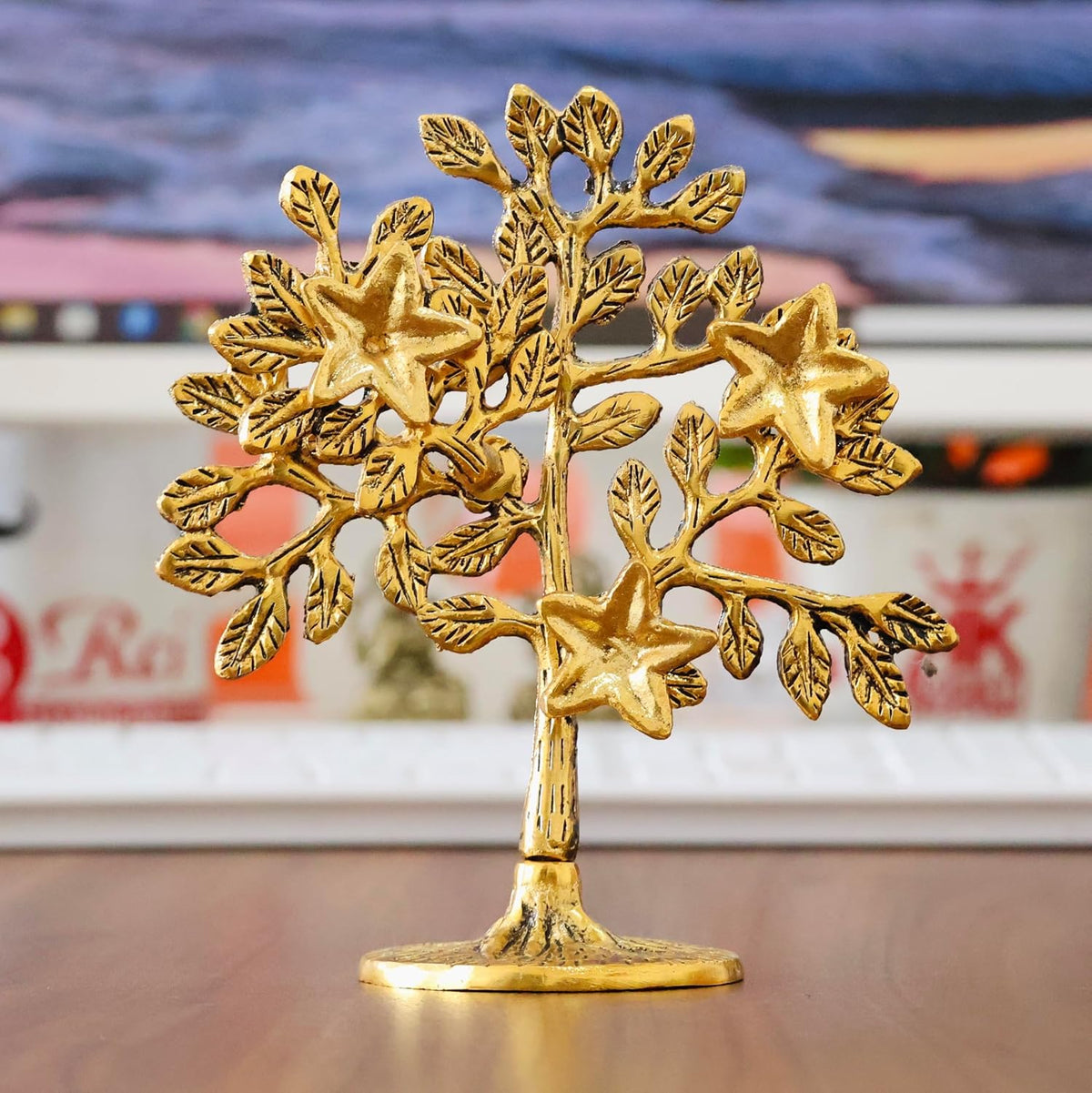 Metal Kalpavriksha Tree for Home Decor - Golden Wish Fulfilling Tree Metal Showpiece for Temple, Vastu, Office Table & Gifting Banyan (No 1 Golden)