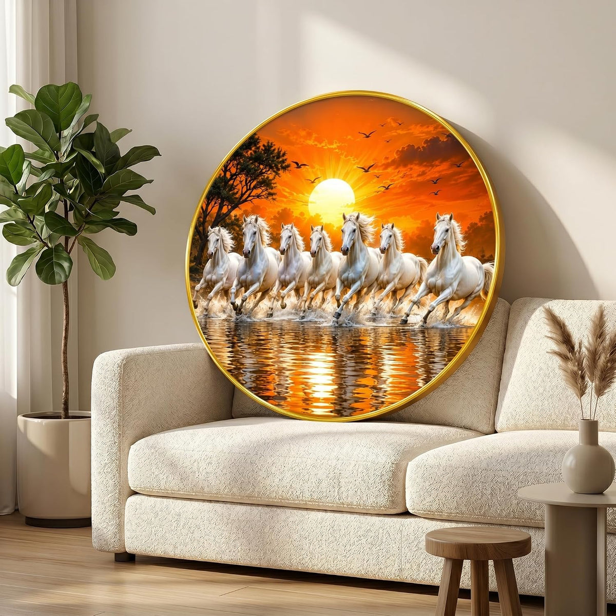 7 Horse Vastu Round Wall Painting with Premium PVC Golden Frame, White Running Horses Sunset Water Art for Living Room Office Home Decor Gift (20 x 20 Inch) GRL-449