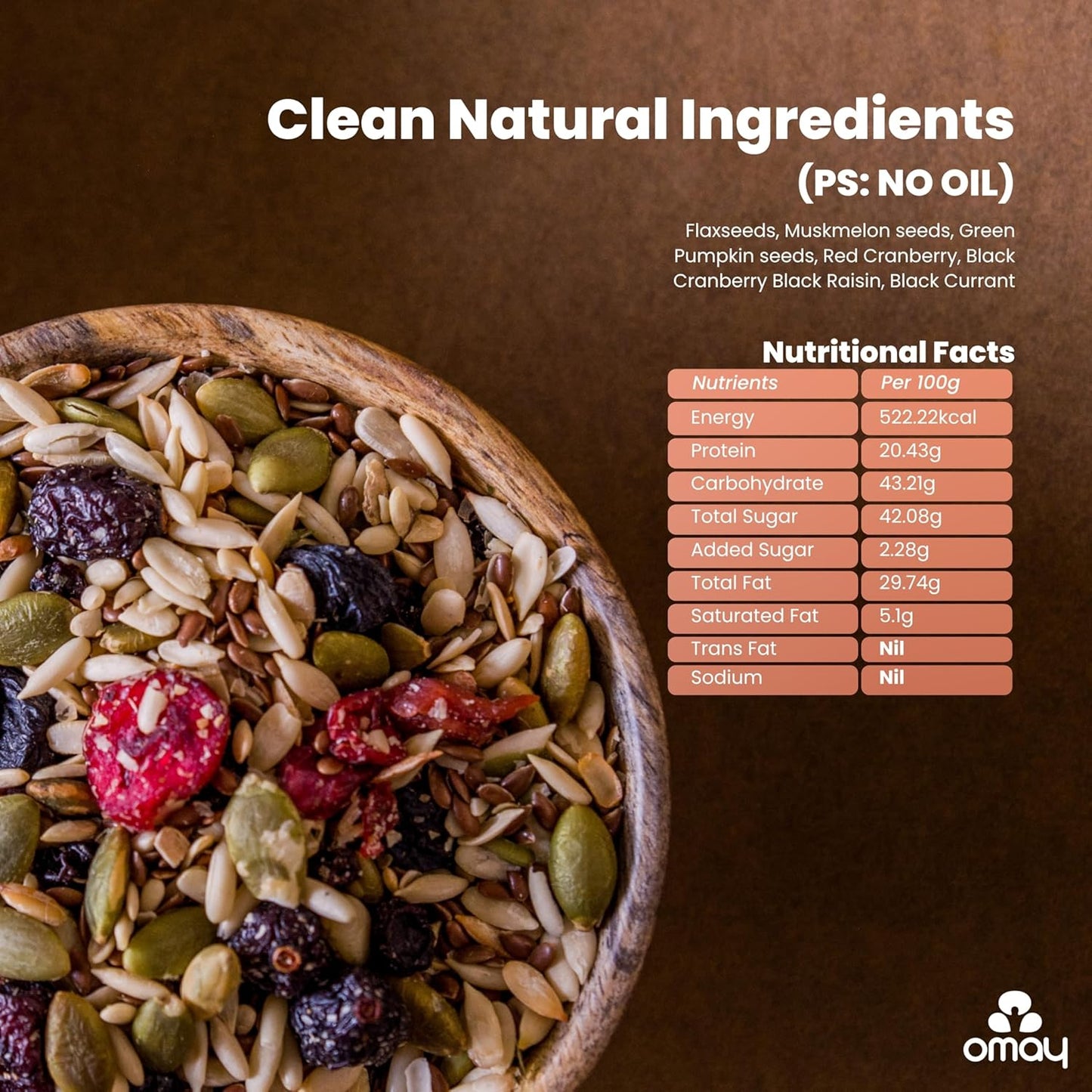 Omay Foods Seeds & Berries Mix, 180g Jar | Trail Mix | Roasted Seeds, Dried Berries | Antioxidants, Omega-3 & Fibre | No Added Sugar | Oil-Free | Healthy Snack for Weight Loss