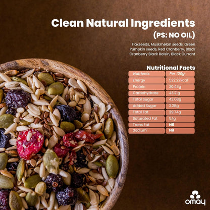 Omay Foods Seeds & Berries Mix, 180g Jar | Trail Mix | Roasted Seeds, Dried Berries | Antioxidants, Omega-3 & Fibre | No Added Sugar | Oil-Free | Healthy Snack for Weight Loss