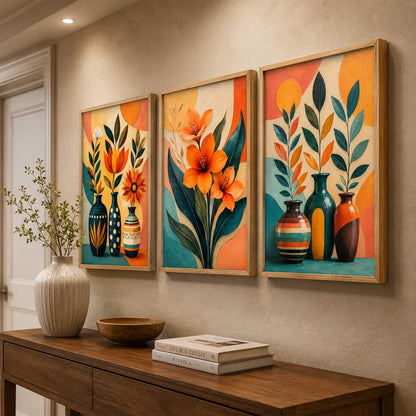 Set of 3 Floral Vase Wall Paintings with Sparkle Laminate, Premium Wooden Synthetic Frame, Modern Botanical Art for Living Room Bedroom Decor (13.5 x 19.5 Inch) NM03-166