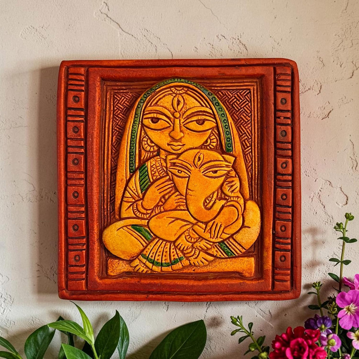 Maa Durga with Ganesh Terracotta Wall Hanging Idol Murti Decor | Devi MATA & Ganesha Janani Decor | Spiritual Art for Temple, Home & Office Decor | Spiritual Gift (14x14CM)