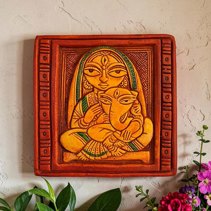 Maa Durga with Ganesh Terracotta Wall Hanging Idol Murti Decor | Devi MATA & Ganesha Janani Decor | Spiritual Art for Temple, Home & Office Decor | Spiritual Gift (14x14CM)