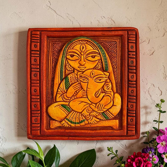 Maa Durga with Ganesh Terracotta Wall Hanging Idol Murti Decor | Devi MATA & Ganesha Janani Decor | Spiritual Art for Temple, Home & Office Decor | Spiritual Gift (14x14CM)