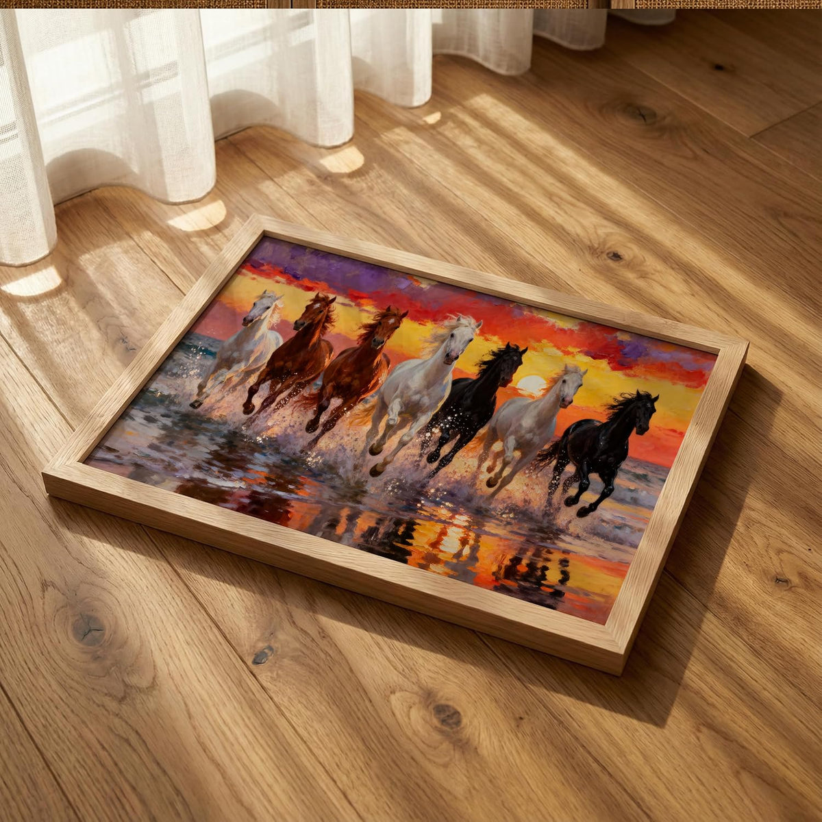 7 Horse Vastu Wall Painting for Living Room – Running Seven Horses Landscape Framed Wall Art | Premium Wooden Frame Home & Office Decor (Natural, Design 01, 13x19 Inch)