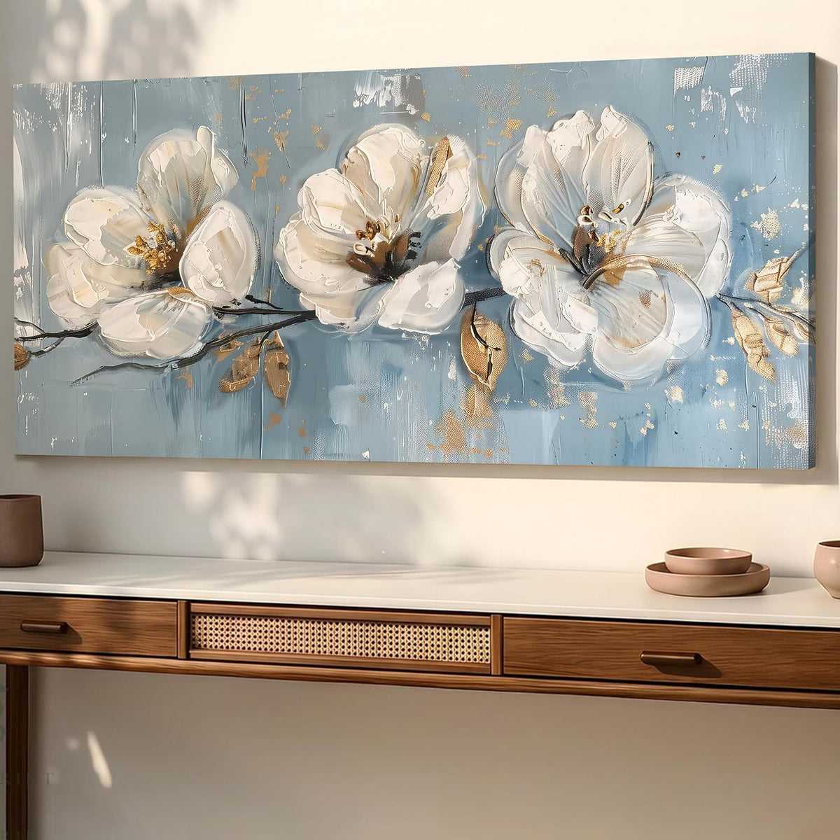 Beautiful Abstract White Flower Stretched Canvas Wall Art Painting For Living Room, Daisy Floral painting for Bedroom, Home and Office, 22x46 Inch