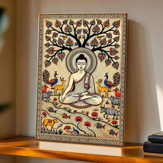 Madhubani Buddha Painting for Living Room, Buddha wall Art Painting for living room, Bedroom, office and Home, Canvas, 16x22 Inch