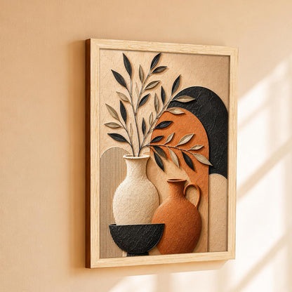 Boho Botanical 3D Textured Embossed Still Life Painting for Living Room, Terracotta & Neutral Ceramic Vases Motifs Rectangular Shape Framed Wall Painting for Home Decor (Size: 13x17 Inch)