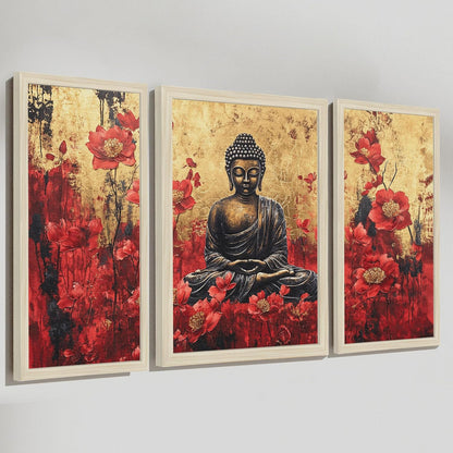 Buddha Floral Abstract Framed Wall Art Painting Home Décor Pack Of 3 | Digital Scenery Painting with Frame | Suits Hallways, Living Room, Bedroom, Office Set Of 3, 22x46 cm, 33x44 cm