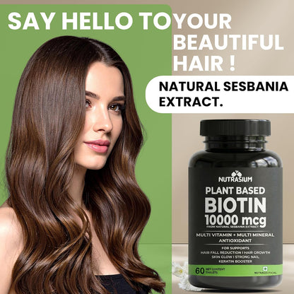 Nutrasium Biotin 10,000 mcg with multivitamin & Minerals | For supports Hair Growth | For Control Hair fall, Hair damge & Hair splitting | 120 tablets