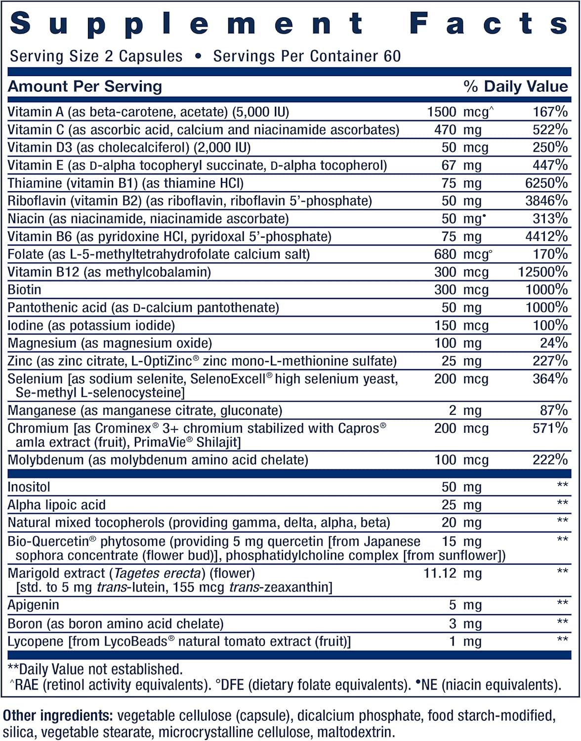 Supplement facts label with detailed nutritional information on a blue background