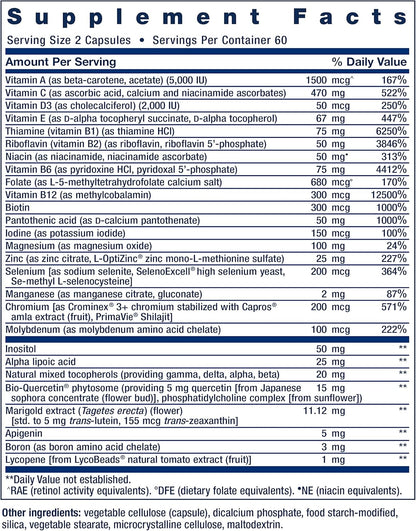 Supplement facts label with detailed nutritional information on a blue background