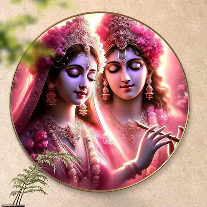 Radha Krishna Round Art Print with Golden Frame | Pink Floral Divine Flute HD Art Print for Living Room Pooja Home Décor 16 Inch x 16 Inch