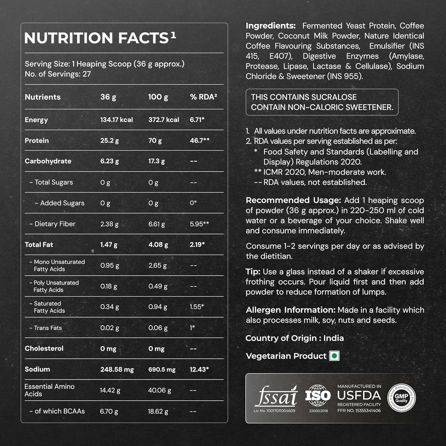 Nutrabay Yeast Protein Powder - 1kg, Cold Coffee | 25g Protein & 6.7g BCAA Per Scoop | All 9 EAAs | PDCAAS of 1 | Lactose Free, Soy Free | Superior Muscle Growth & Recovery