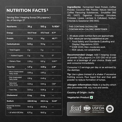 Nutrabay Yeast Protein Powder - 1kg, Cold Coffee | 25g Protein & 6.7g BCAA Per Scoop | All 9 EAAs | PDCAAS of 1 | Lactose Free, Soy Free | Superior Muscle Growth & Recovery