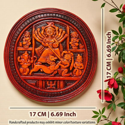 Maa Durga Wall Hanging Terracotta Idol Murti | Sherawali Devi MATA Hand-Painted Spiritual Wall Hanging Art Decor for Home Temple, Mandir, Living & Office Decor | Spiritual Gifts (17x17 CM)