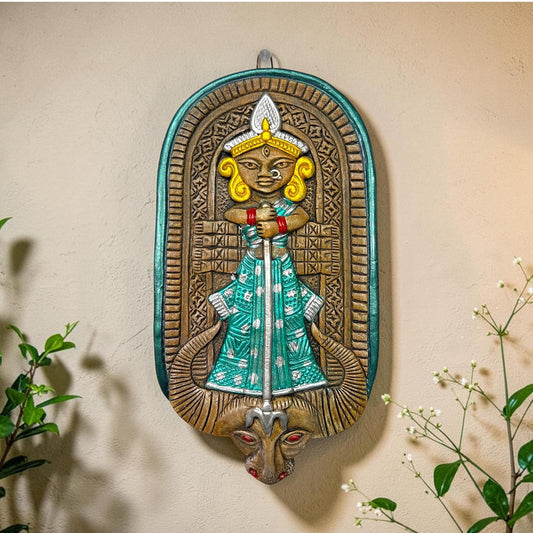 Maa Durga Terracotta Wall Hanging Idol Murti | Mahisasur Mardini Sherawali Devi MATA Wall Art Decor for Home, Temple, Mandir & Office Decor | Spiritual Gifting (23x12 CM)