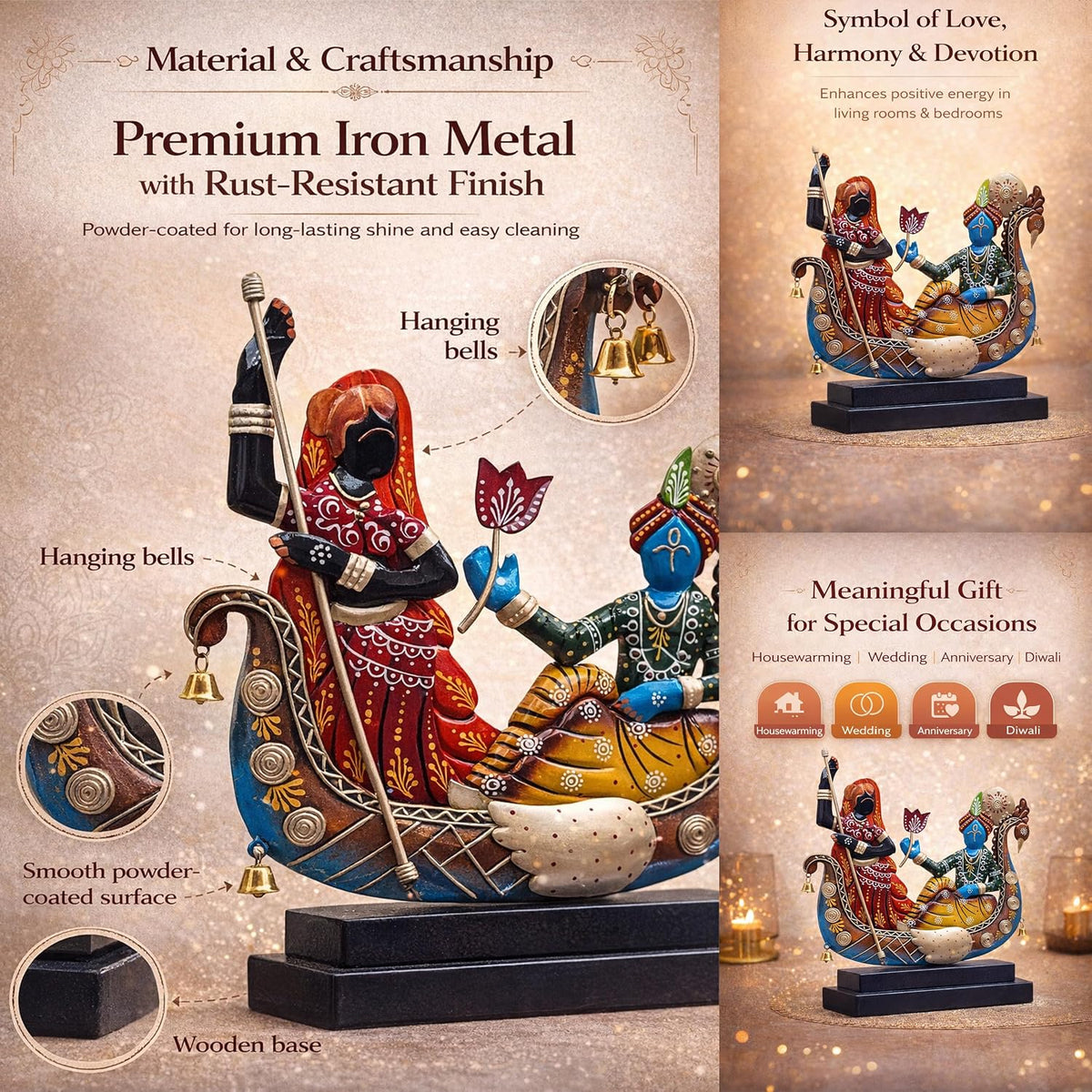 Radha Krishna Boat Showpiece for Home Decor | Iron Metal Decorative Idol with Wooden Base | 15 Inch Spiritual Statue for Living Room, Bedroom, Temple & Gifting
