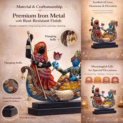 Radha Krishna Boat Showpiece for Home Decor | Iron Metal Decorative Idol with Wooden Base | 15 Inch Spiritual Statue for Living Room, Bedroom, Temple & Gifting