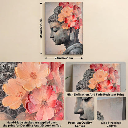 Stretched Canvas 3D Buddha Wall Art Textured Painting, Stretched Canvas Cherry Blossom Zen Spiritual Artwork Hand-Painted Tranquil Meditation Room Decor, Japanese Giclée Print 61x91 cm