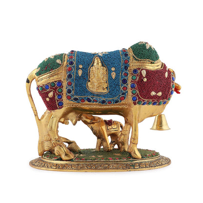 Kalakriti Gold Plated Kamdhenu Cow with Calf Statue |Gau MATA Idol for Pooja |Vastu Feng Shui Decorative Items for Home |Religious Idol Housewarming Gift | Showpiece with Krishna (21x17 cm,1 kg)