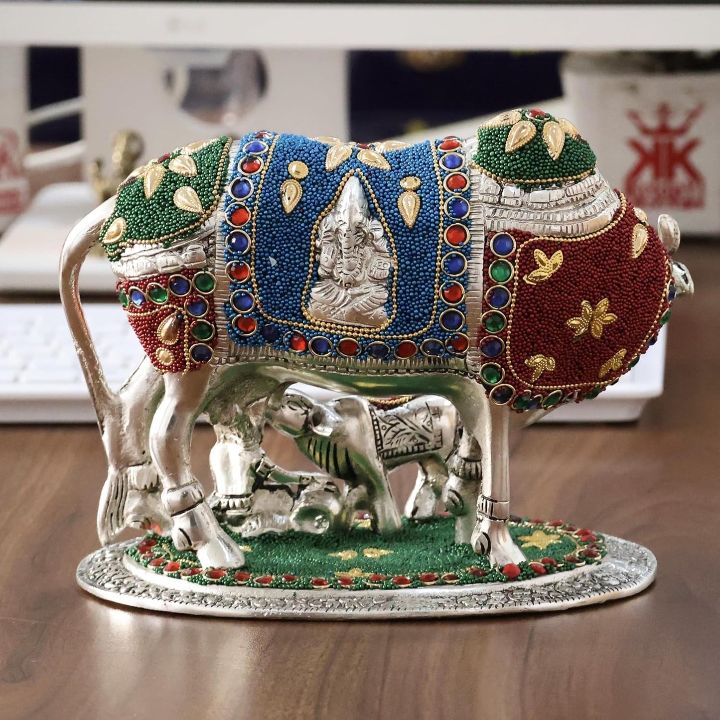 KridayKraft Gold Plated Kamdhenu Cow with Calf Metal Statue for Good Luck Feng Shui & Vastu Showpiece Religious Idol Fingures for Home and Office Table Decor