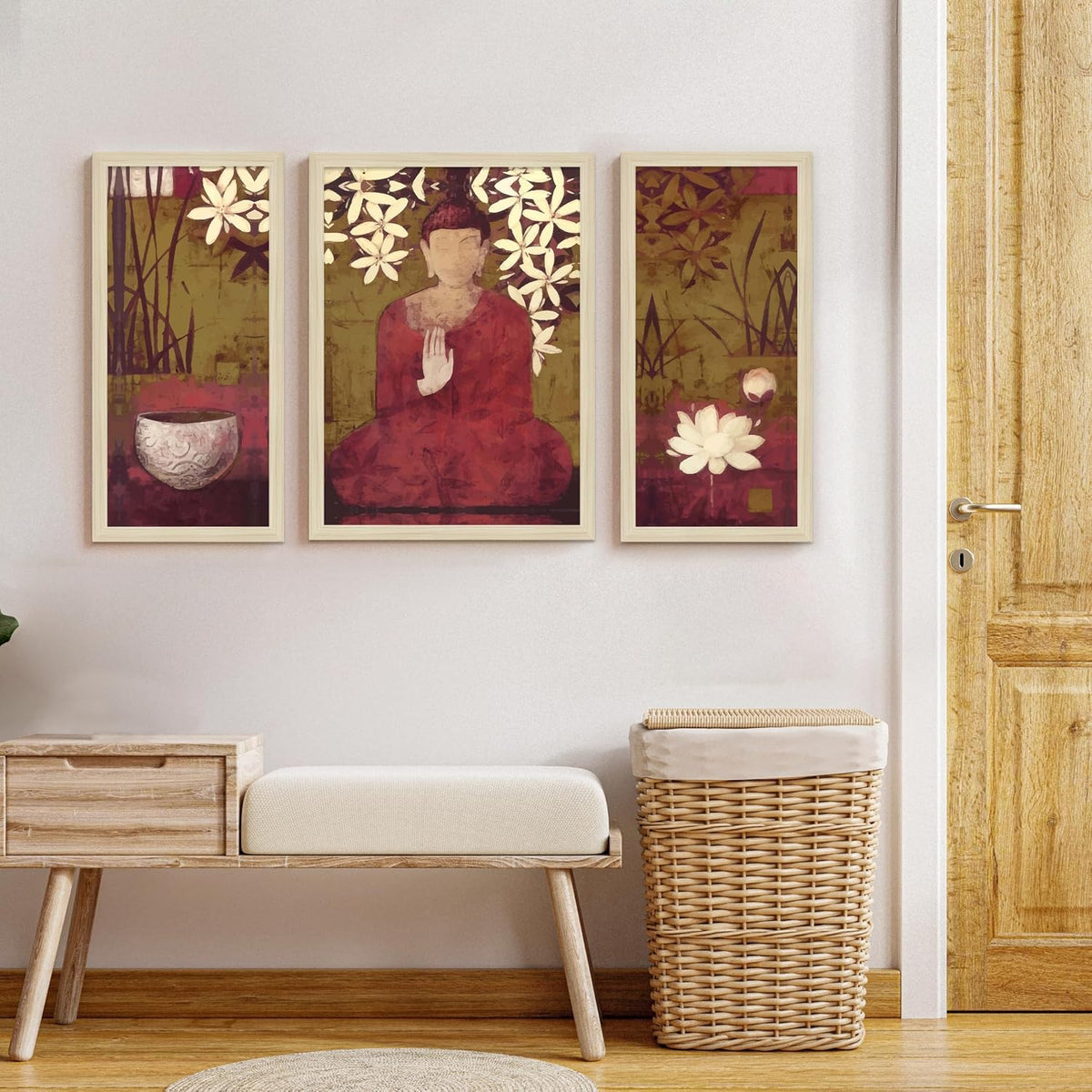Buddha Floral Abstract Framed Wall Art Painting Home Décor Pack Of 3 | Digital Scenery Painting with Frame | Suits Hallways, Living Room, Bedroom, Office Set Of 3, 22x46 cm, 33x44 cm