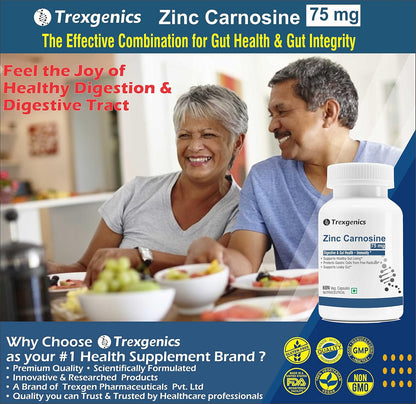 Trexgenics ZINC CARNOSINE Digestive & Gut Health, Ulcer Care, Immunity, Leaky Gut Support (60 Veg Capsules)