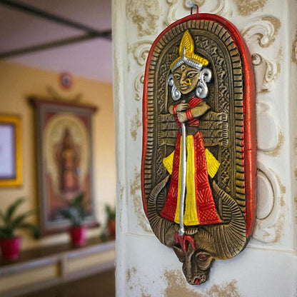 Maa Durga Murti Terracotta Wall Hanging Idol | Mahisasur Mardini Sherawali Devi MATA Wall Art Decor for Home, Temple, Mandir & Office Decor | Spiritual Gifts (23x12 CM)