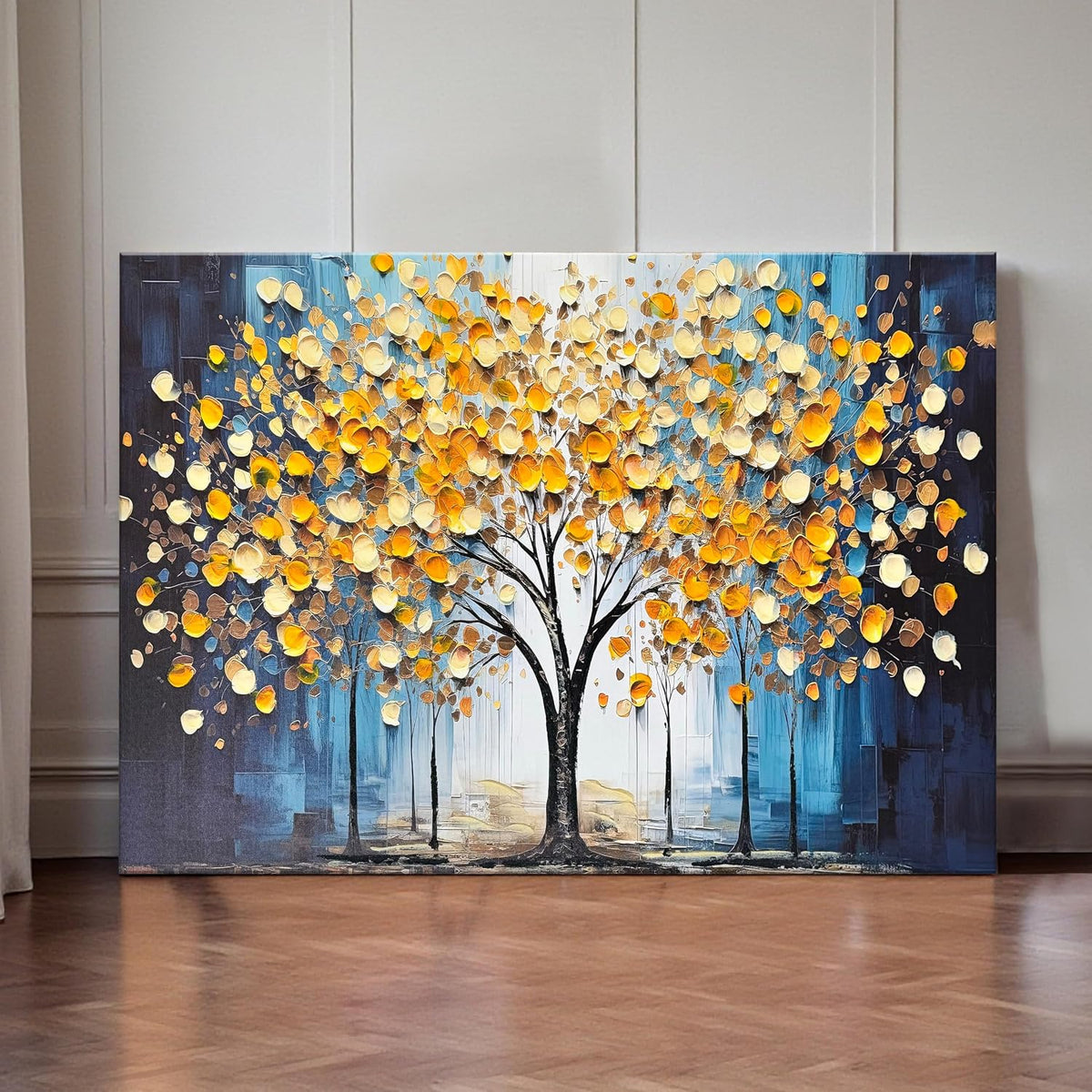 Abstract Tree Stretched Canvas Wall Art Tree of Life 3D Textured Painting Blue Yellow Canvas Painting for Living Room Abstract Paintings Bedroom Office Hand Painted Wall Décor 61x91 cm