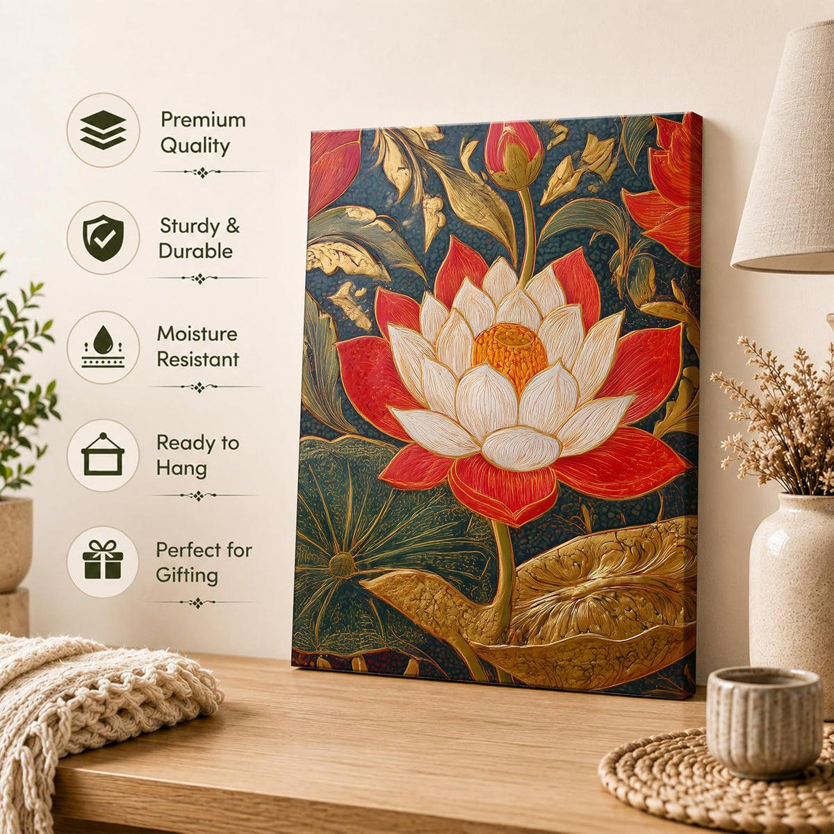 Traditional Indian Textured Embossed Lotus Canvas Wall Art Painting for wall decoration, Red & Gold Blooming Lotus Motifs Stretched Canvas Painting for living room, bedroom, Home and office, 22x34 Inch