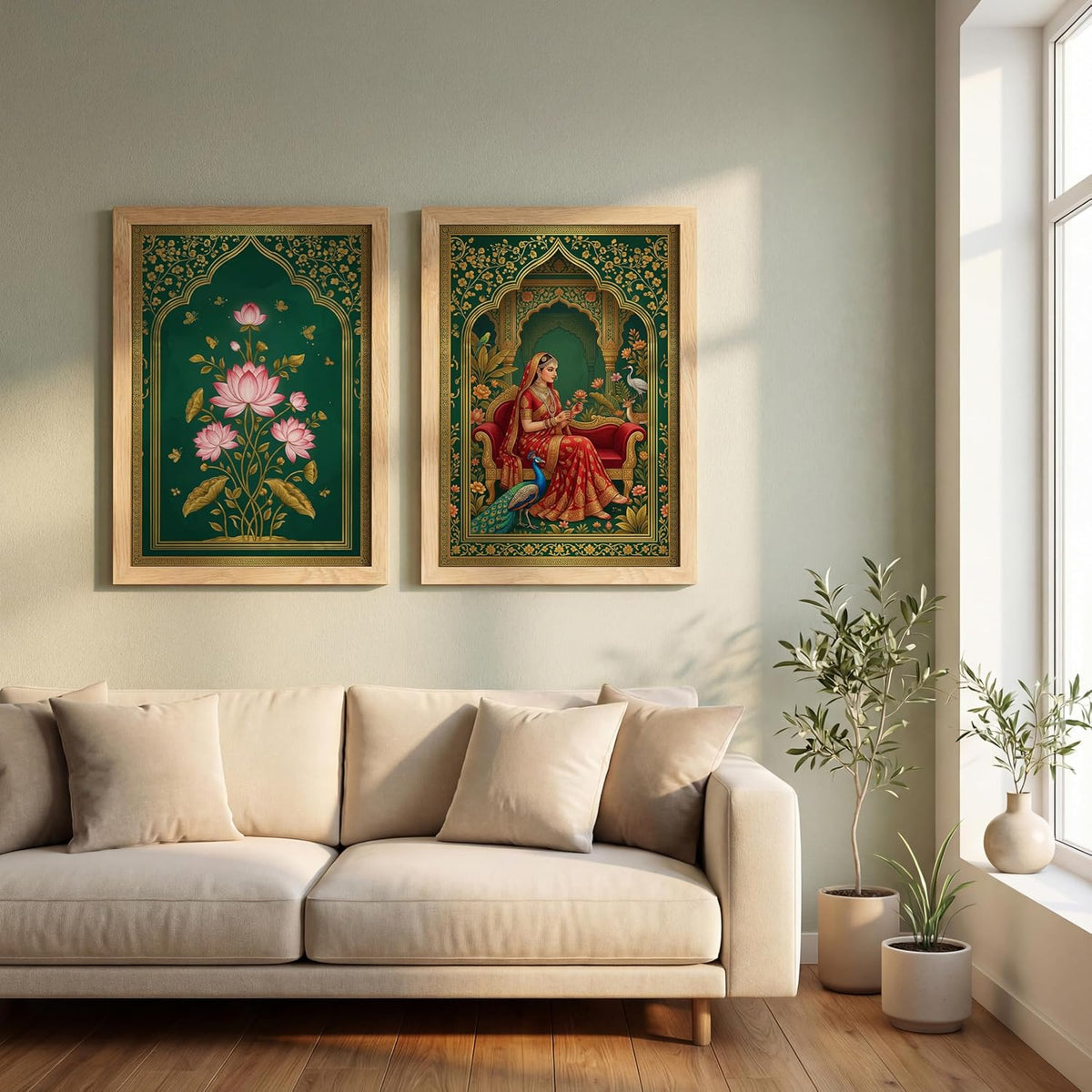 Rajasthani Rani Lotus Flower Wall Art Painting | Set of 2 Framed Paintings | Mughal Indian Decor for Living Room Bedroom Home Office | (ART 7, 13x19 INCHES)