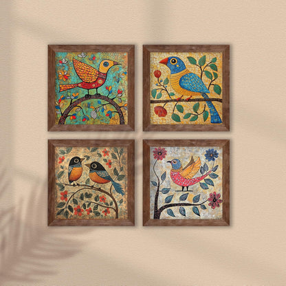 Multicolor Birds Wall Art Painting for living room, birds flower Framed painting, set of 4, 9x9 Inch