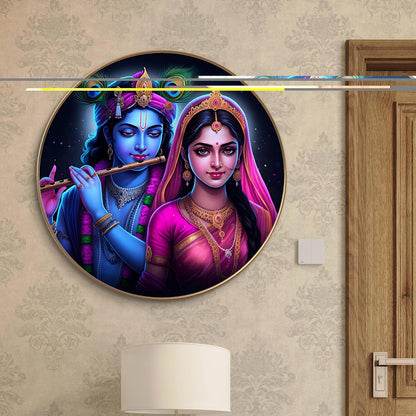 Radha Krishna Round Art Print with Golden Frame | Divine Flute HD Art Print for Pooja Room Living Room Temple Décor 16 Inch x 16 Inch