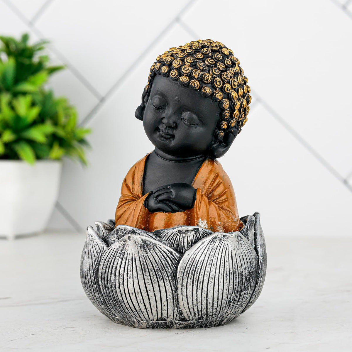 Laughing Buddha Baby Monk Idol Statue Showpiece Home Decor Items for Living Room and Gifts (Brown Black)