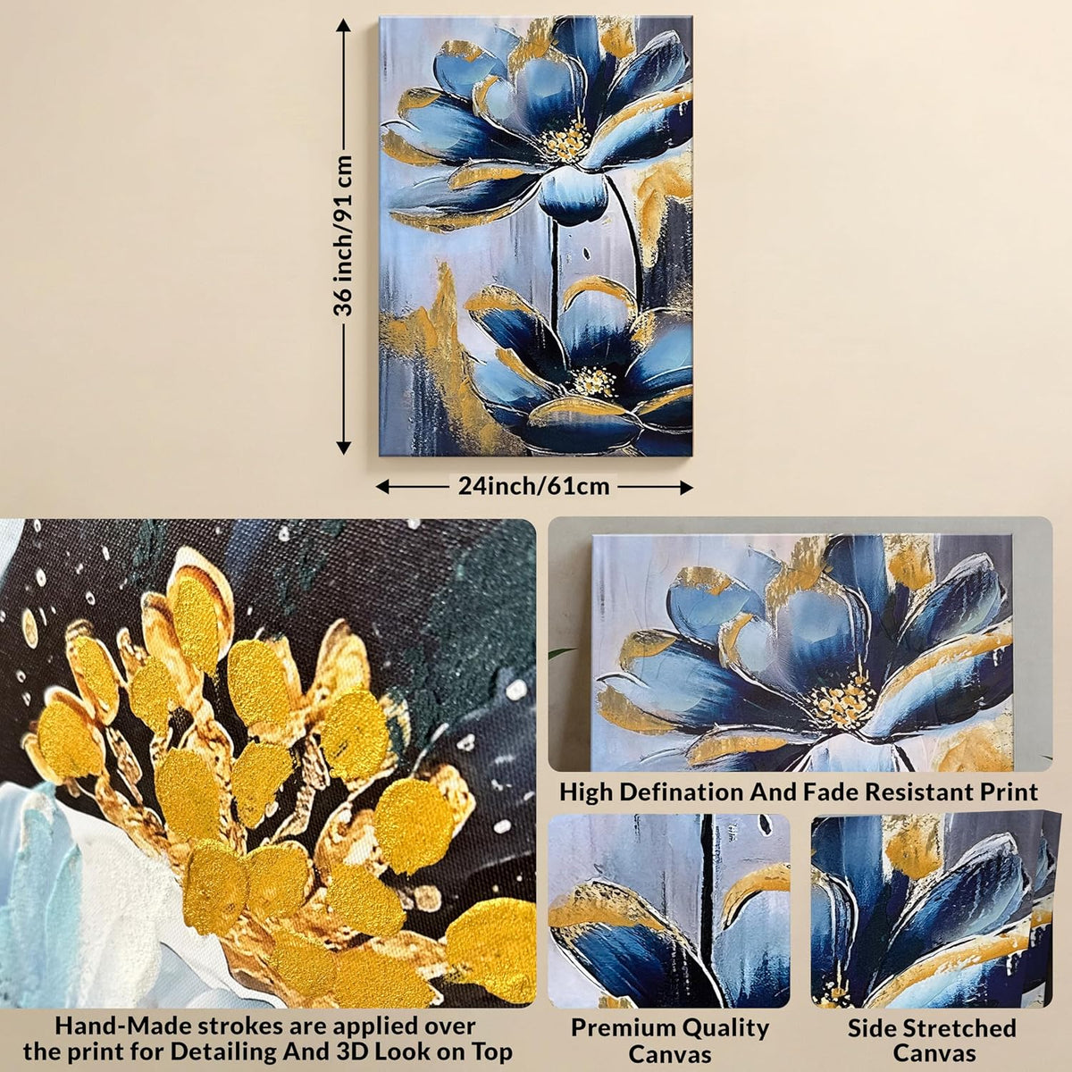 Stretched Canvas Abstract Blue and Gold Flower Paintings Abstract 3d Paintings for Office Hand Painted Canvas Art 3D Textured Floral Wall Painting Modern Aesthetic Home Decor 61x91 cm