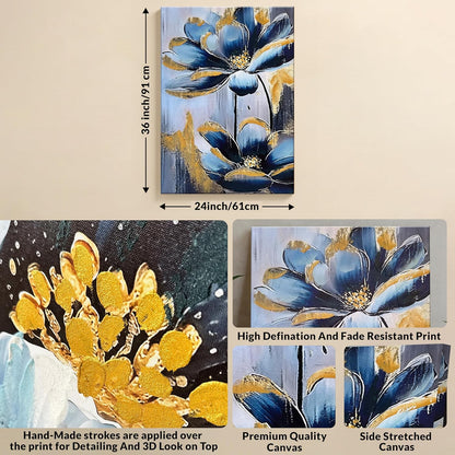 Stretched Canvas Abstract Blue and Gold Flower Paintings Abstract 3d Paintings for Office Hand Painted Canvas Art 3D Textured Floral Wall Painting Modern Aesthetic Home Decor 61x91 cm