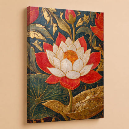 Traditional Indian Textured Embossed Lotus Canvas Wall Art Painting for wall decoration, Red & Gold Blooming Lotus Motifs Stretched Canvas Painting for living room, bedroom, Home and office, 16x22 Inch