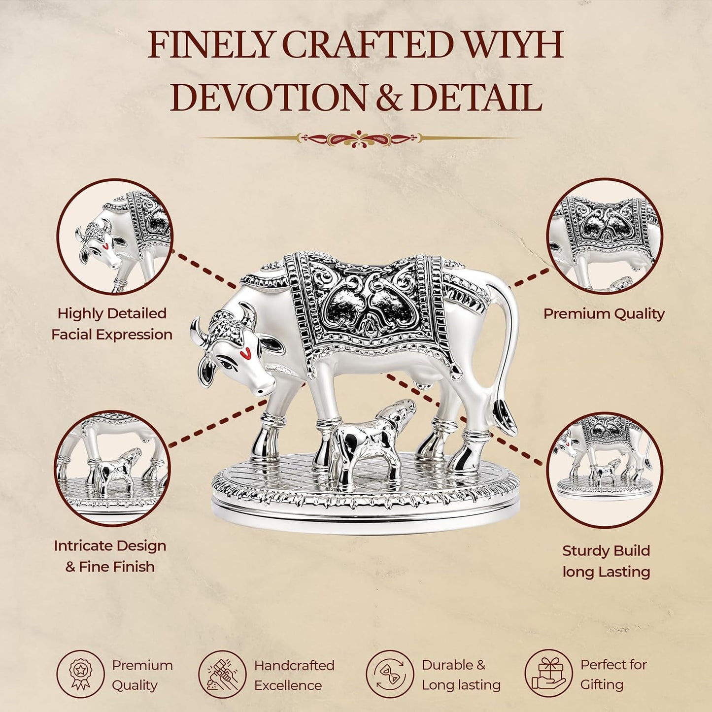 UNOVATE Kamdhenu Cow Idol for Home Temple, Pooja Room & Office Desk, Silver
