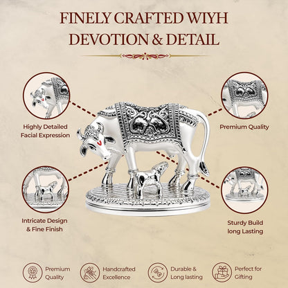 UNOVATE Kamdhenu Cow Idol for Home Temple, Pooja Room & Office Desk, Silver