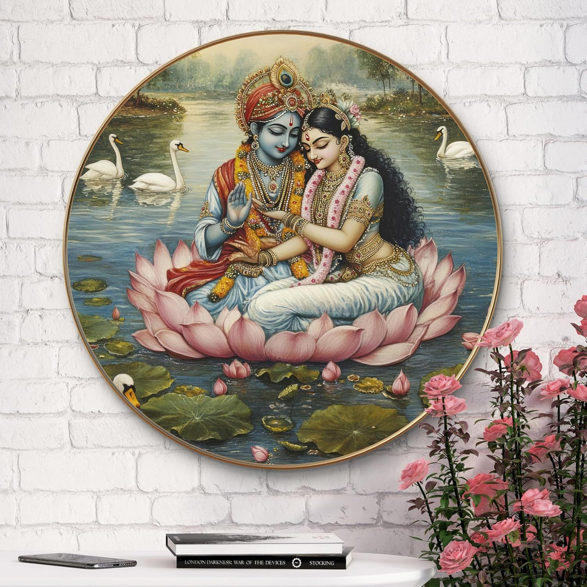 Radha Krishna Round Art Print with Golden Frame | Divine Lotus HD Art Print for Living Room Pooja Room Temple Home Décor 16 Inch x 16 Inch