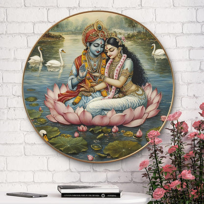 Radha Krishna Round Art Print with Golden Frame | Divine Lotus HD Art Print for Living Room Pooja Room Temple Home Décor 16 Inch x 16 Inch