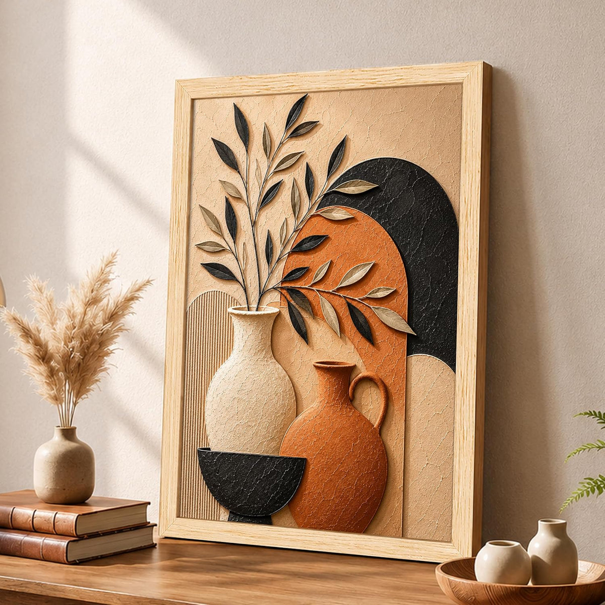 Boho Botanical 3D Textured Embossed Still Life Painting for Living Room, Terracotta & Neutral Ceramic Vases Motifs Rectangular Shape Framed Wall Painting for Home Decor (Size: 13x17 Inch)
